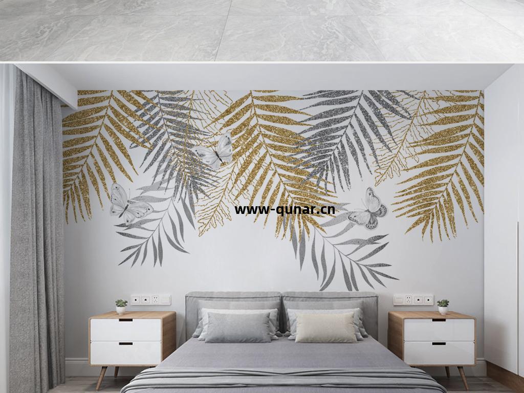 北(bei)歐(ou)現代(dai)輕奢棕櫚葉電視沙發(fa)背(bei)景墻(qiang)壁(bi)紙壁(bi)畫